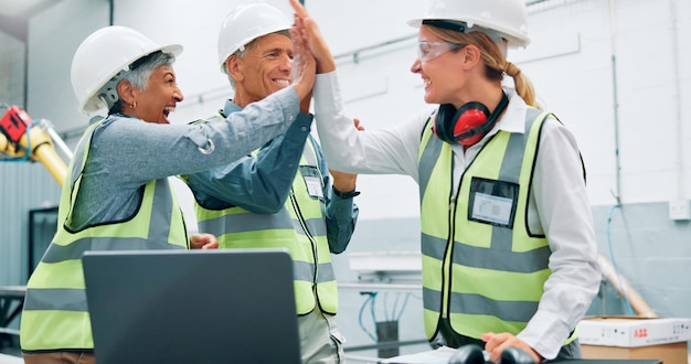 engineer people teamwork high five celebrate success innovation win factory employee women man collaboration productivity software engineering happy warehouse laptop 590464 531617